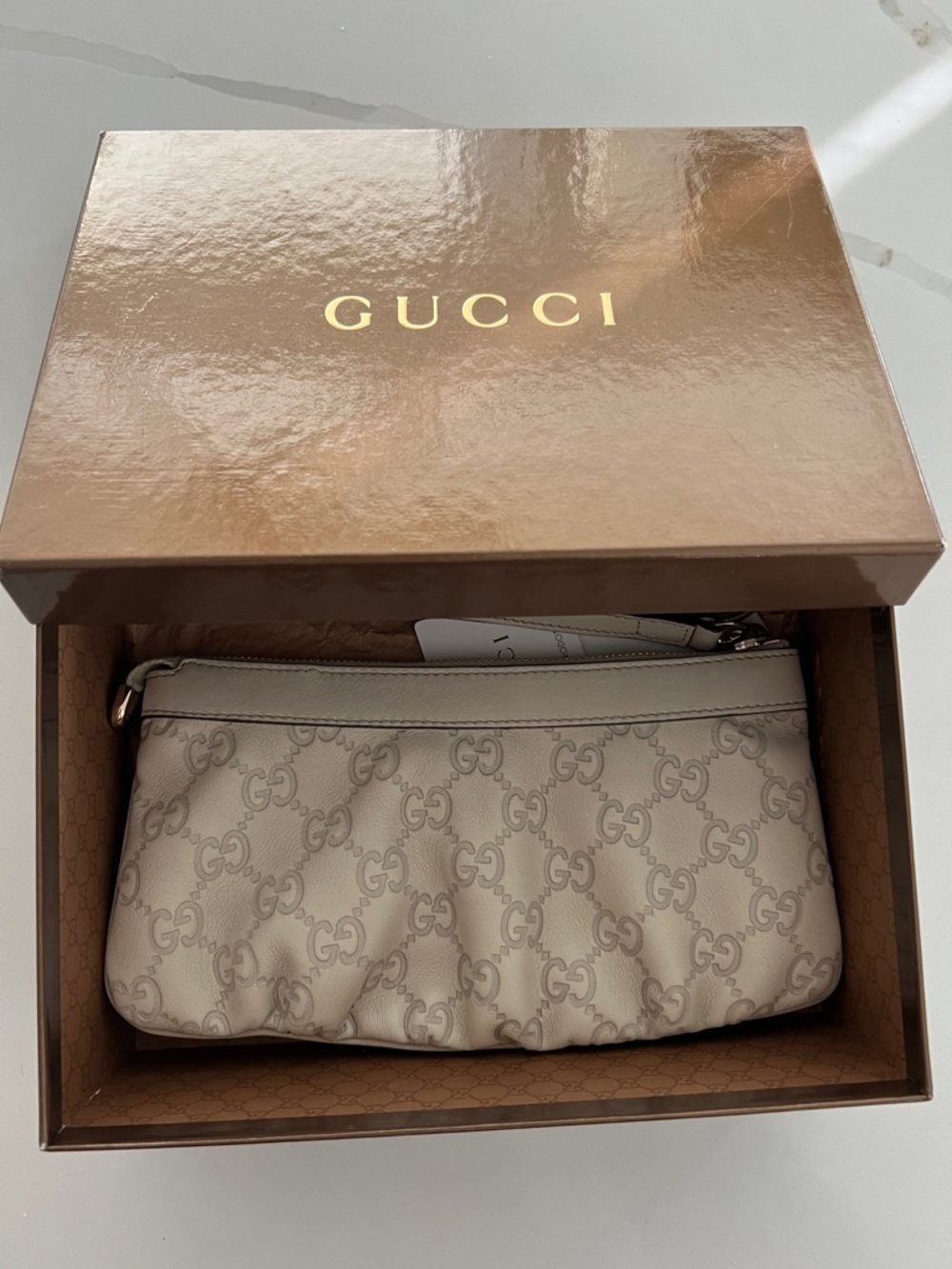Gucci Grey/Beige GG Monogram Leather Wristlet